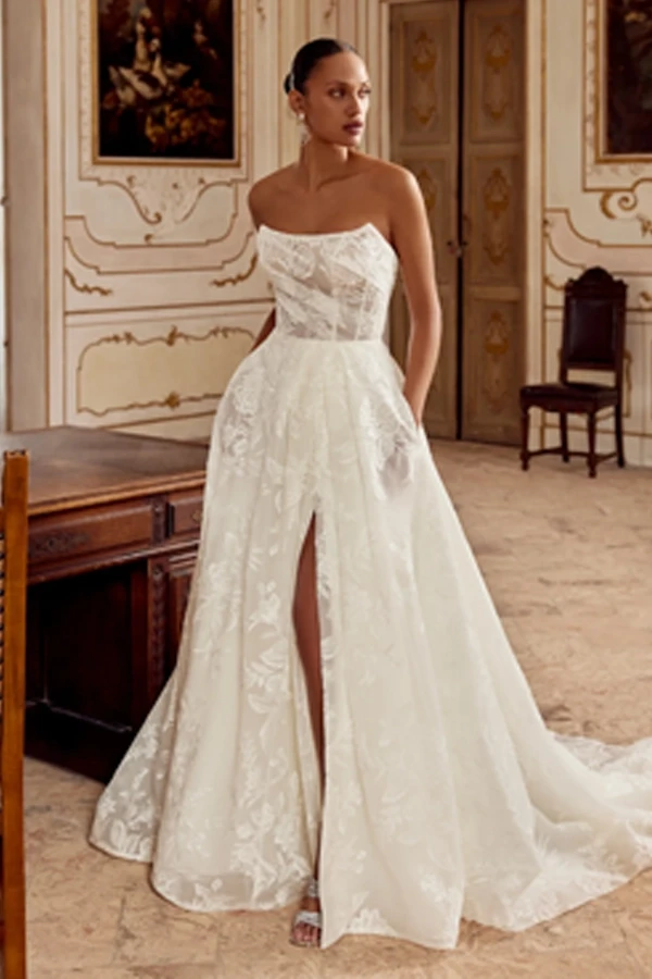 Model wearing a gown by Justin Alexander