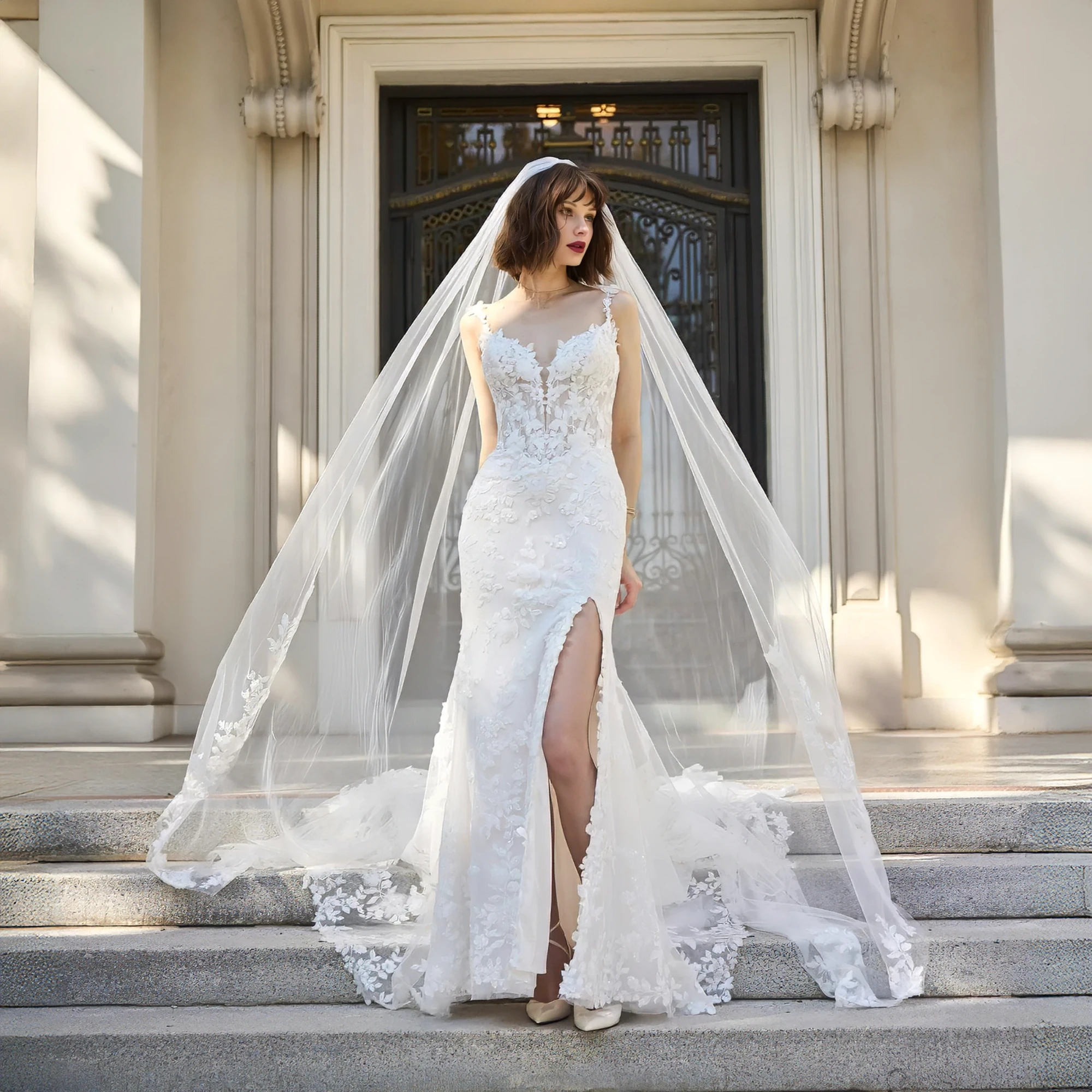 Model wearing a white dress