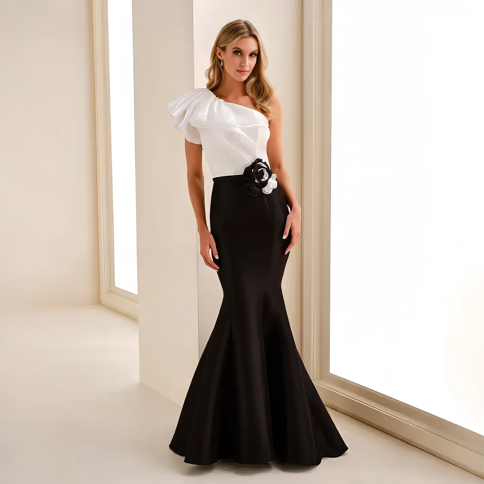 A bride in a white gown and veil smiles at a woman