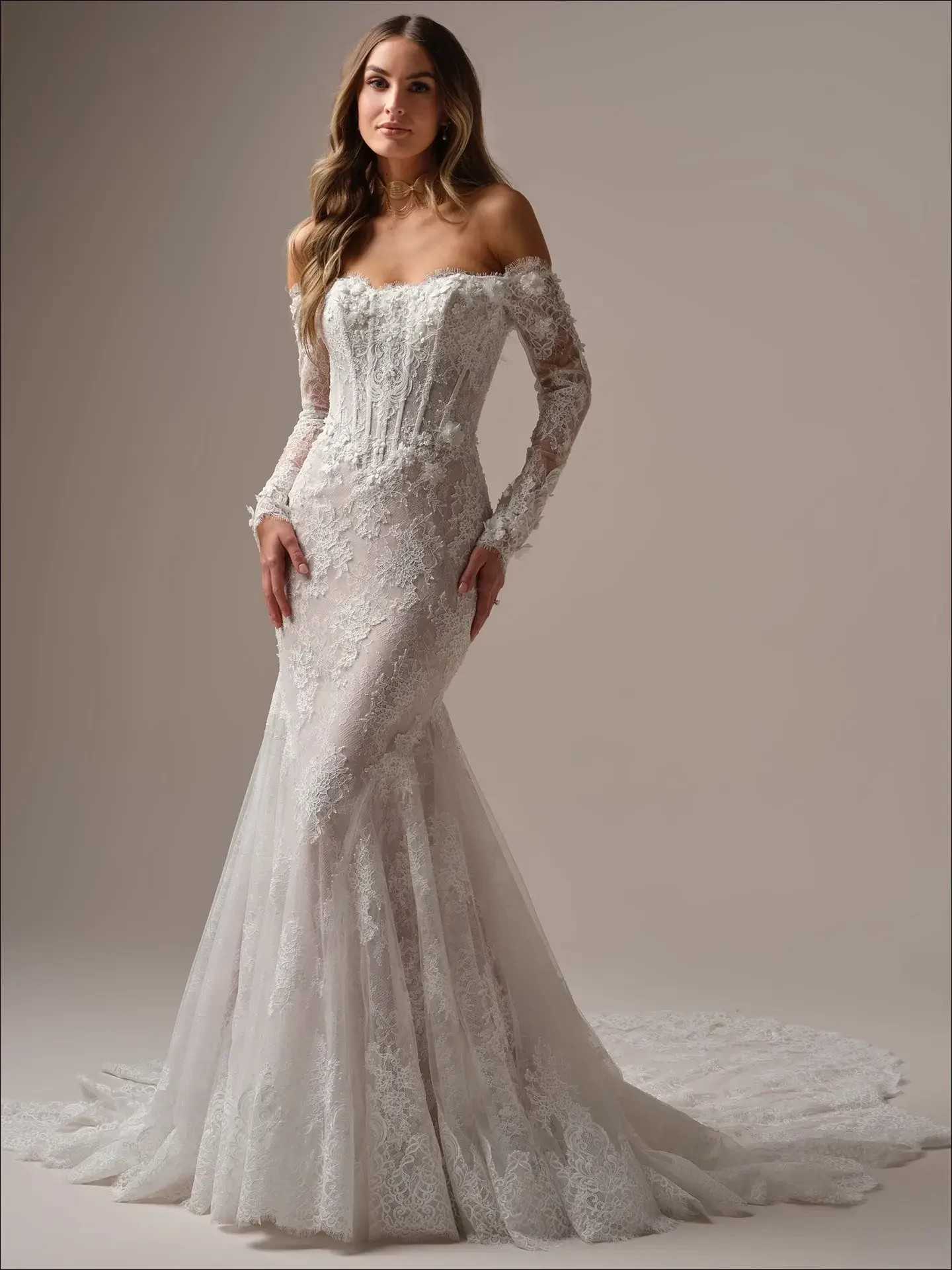 Model is wearing a mermaid wedding dress with 3-D floral lace appliqués and a sculpting basque waist.
