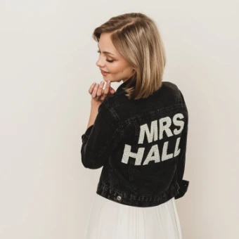 Heirloom Bridal Varsity Pearl Lettered Denim Jacket for Bride #3 thumbnail